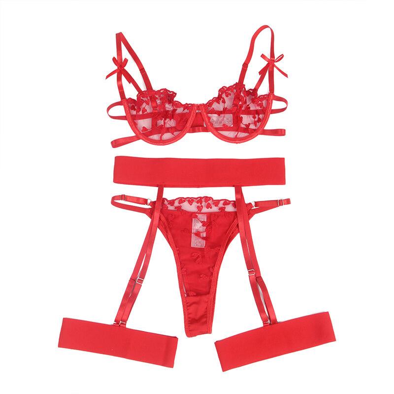 954338 HEART PRINT BRA + THONG + GARTER BELT RED L/XL