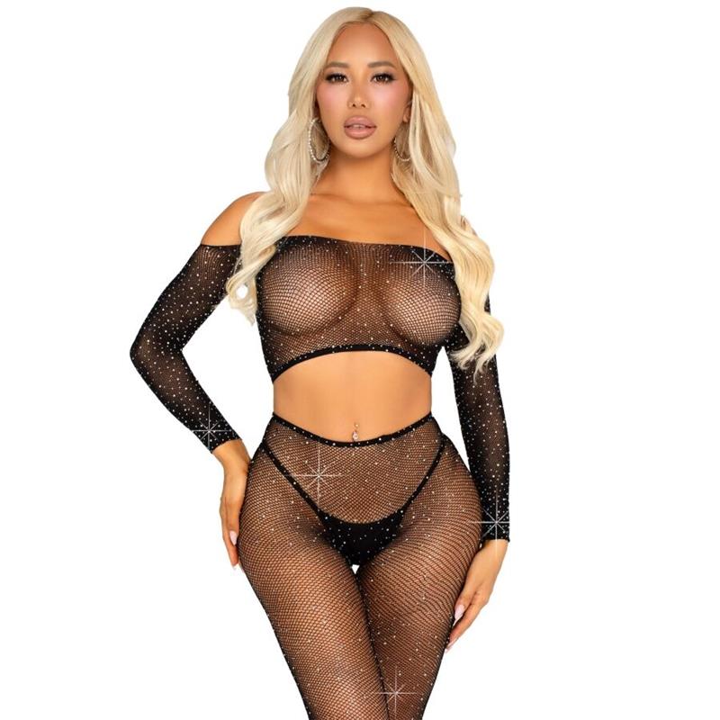 CROP TOP AND FISHNET LEGGING WITH RHINESTONES BLACK