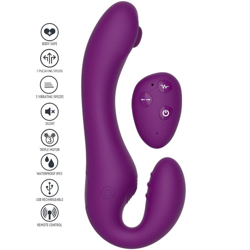 2 V 1 BREZPASOVNI STRAP-ON VIBRATOR Z DALJINSKIM UPRAVLJALNIKOM V PURPURNI BARVI
