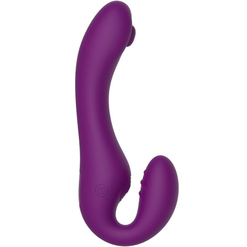 2 V 1 BREZPASOVNI STRAP-ON VIBRATOR Z DALJINSKIM UPRAVLJALNIKOM V PURPURNI BARVI