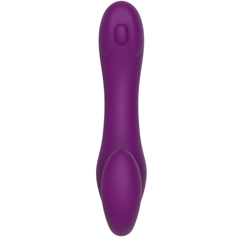 2 V 1 BREZPASOVNI STRAP-ON VIBRATOR Z DALJINSKIM UPRAVLJALNIKOM V PURPURNI BARVI