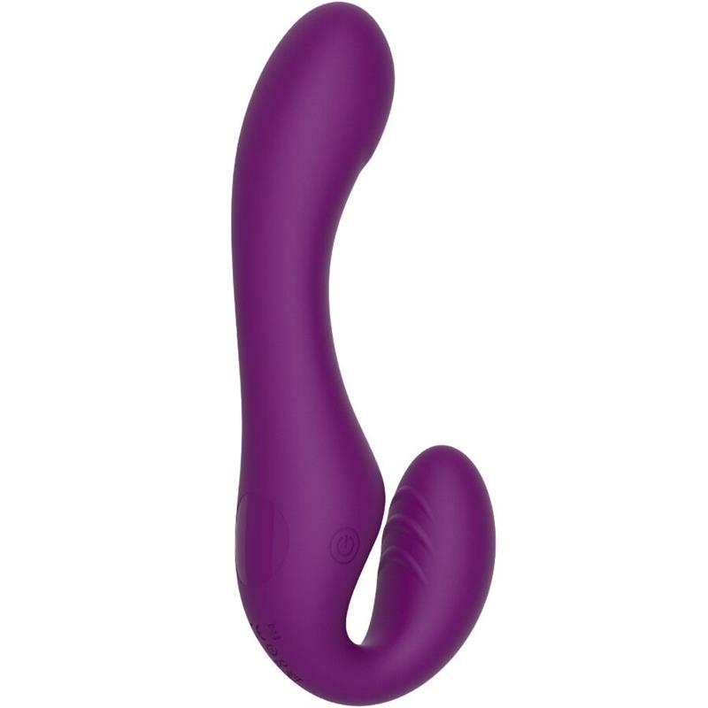 2 V 1 BREZPASOVNI STRAP-ON VIBRATOR Z DALJINSKIM UPRAVLJALNIKOM V PURPURNI BARVI