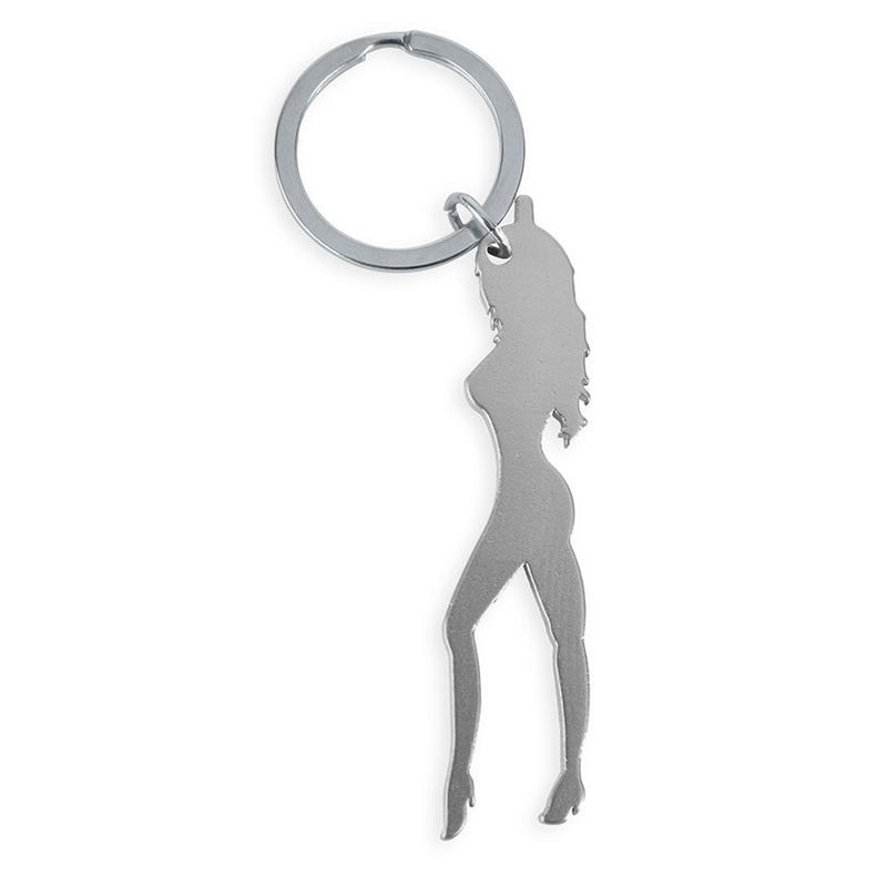 KEYRING WITH FEMALE SILHOUETTE IN SILVER COLOR WITH BEER OPENER