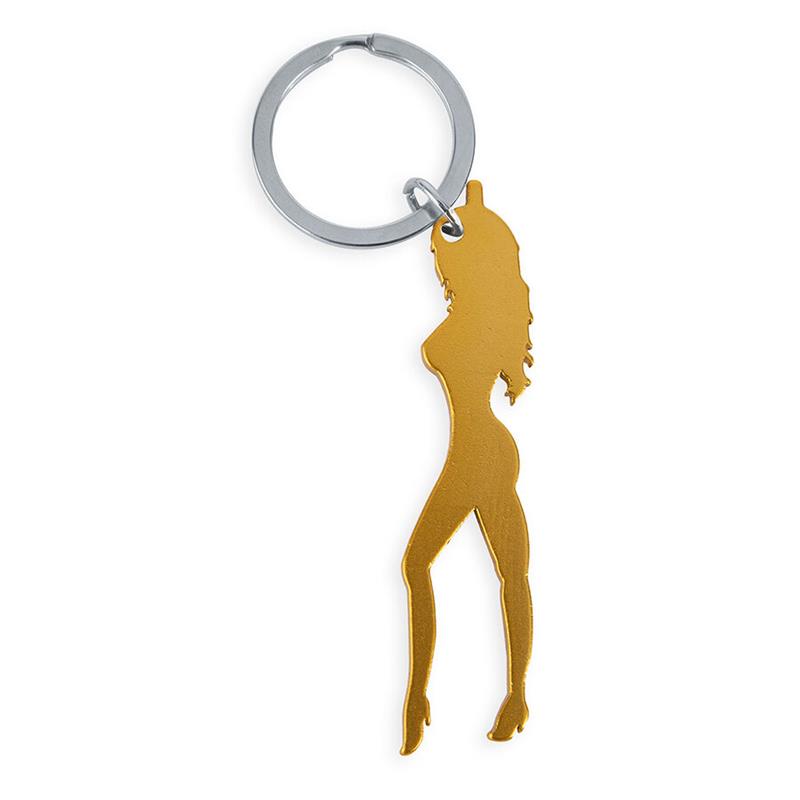 KEYRING WITH FEMALE SILHOUETTE IN GOLD COLOR WITH BEER OPENER