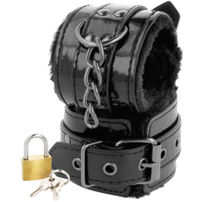 ADJUSTABLE BLACK LEATHER ANKLE HANDCUFFS WITH PADLOCK