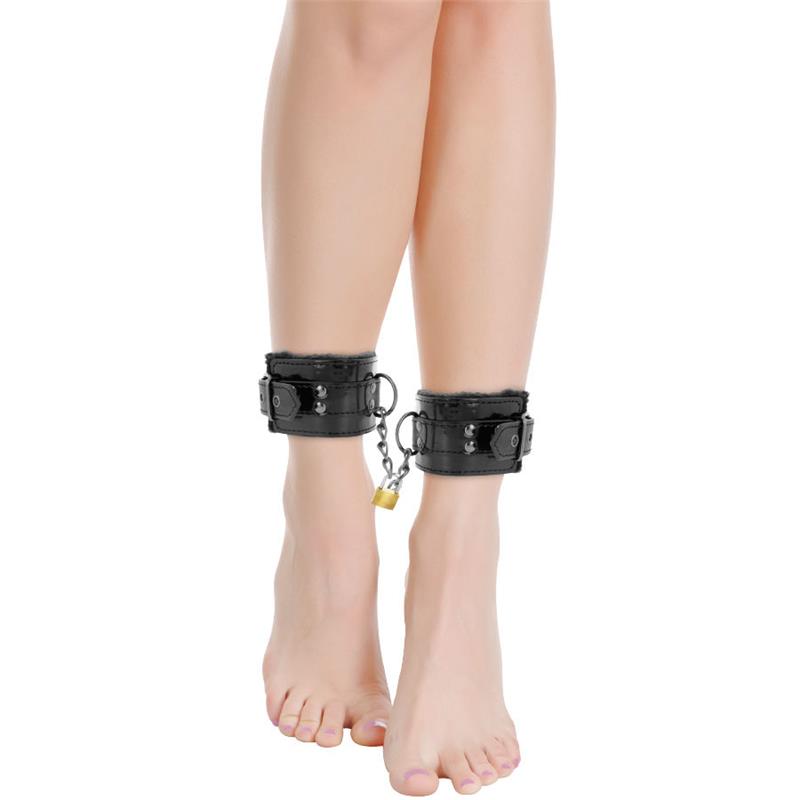 ADJUSTABLE BLACK LEATHER ANKLE HANDCUFFS WITH PADLOCK