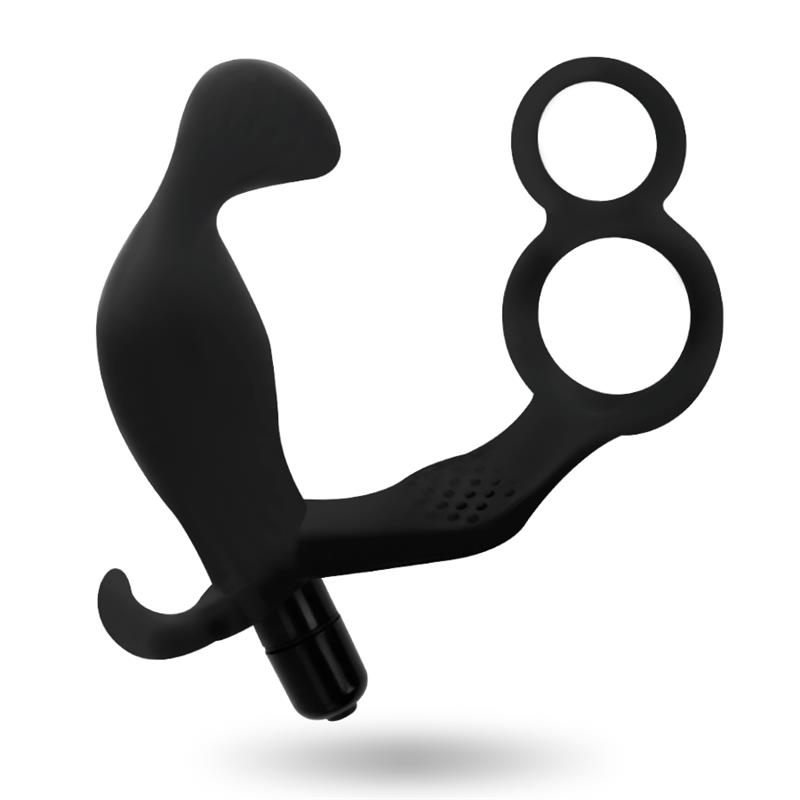 ANAL PLUG WITH DOUBLE PENIS RING AND TESTICLES BLACK