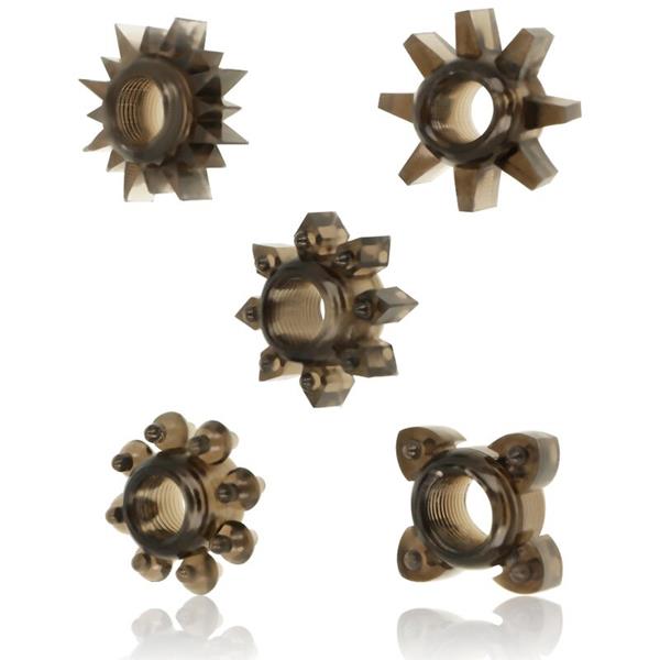 SET OF 5 SILICONE TESTICLE AND PENIS RINGS