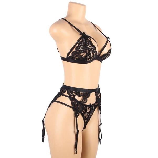 SET THREE PIECES SET BRA + GARTER BELT + THONG S/M