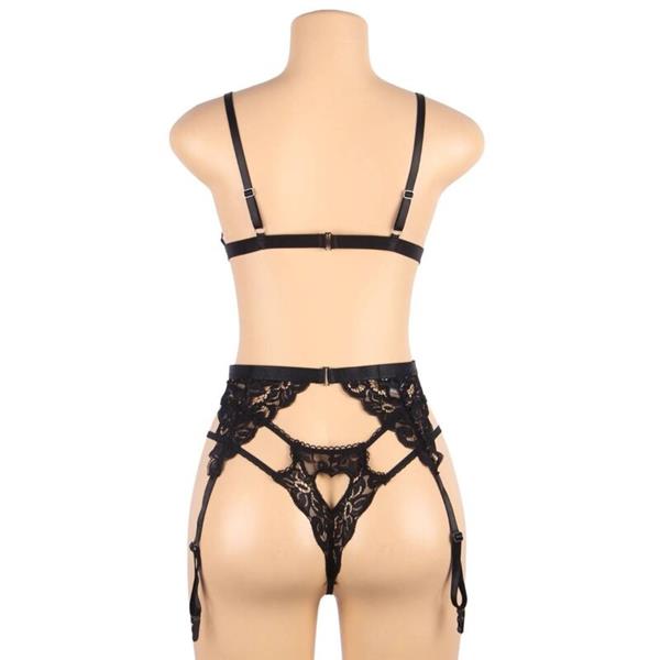 SET THREE PIECES SET BRA + GARTER BELT + THONG S/M