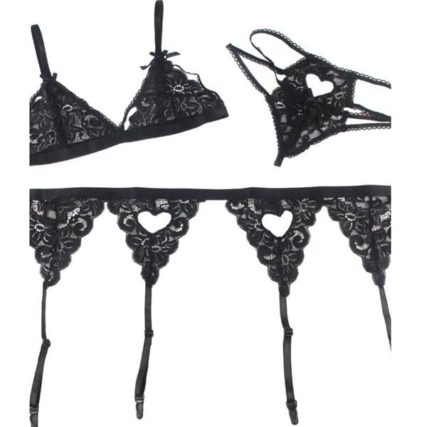 SET THREE PIECES SET BRA + GARTER BELT + THONG S/M