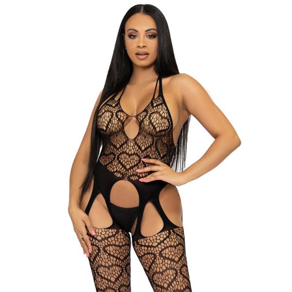 NET BODYSTOCKING WITH STRAPS ONE SIZE - BLACK
