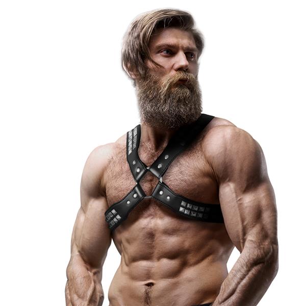 MENS CROSSED CHEST ECO-LEATHER HARNESS WITH RIVETS