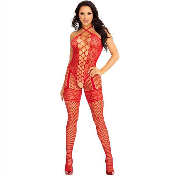 BODYSTOCKING NECK HALTER RED HEARTS RED