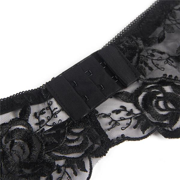 SET OF 3 PIECES BRA + THONG + GARTER FLORAL PRINT BLACK S/M