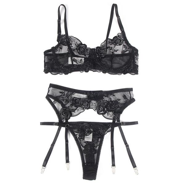 SET OF 3 PIECES BRA + THONG + GARTER FLORAL PRINT BLACK S/M