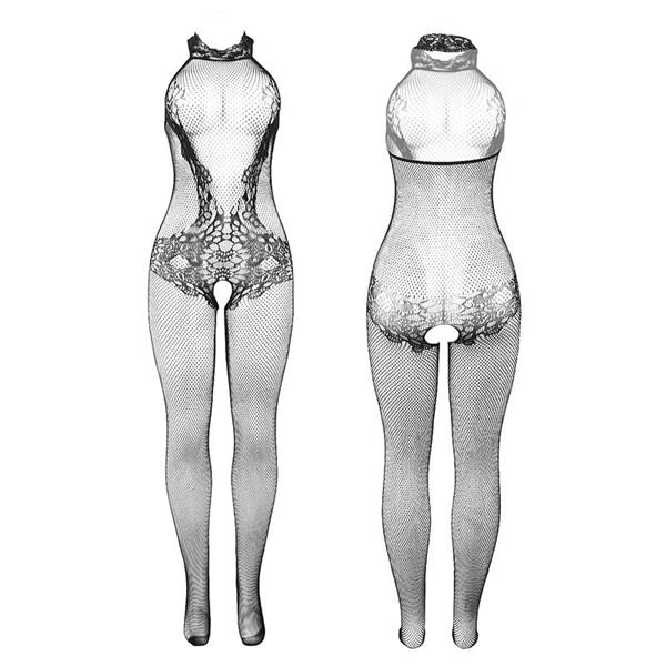 951801 FISHNET AND LACE CROTCHLESS BODYSTOCKING WITH HIGH NECK BLACK ONE SIZE