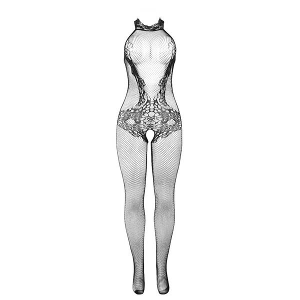 951801 FISHNET AND LACE CROTCHLESS BODYSTOCKING WITH HIGH NECK BLACK ONE SIZE