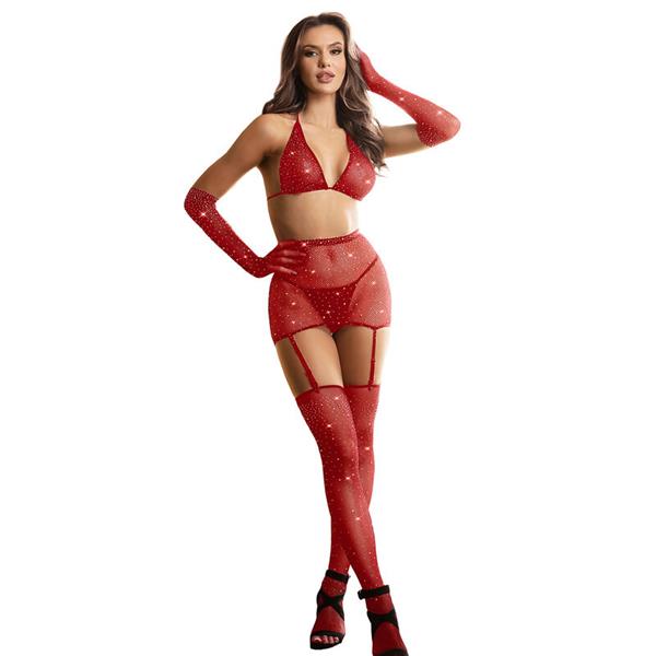 952181 FISHNET BODYSTOCKING WITH GLOVES AND DIAMONDS RED ONE SIZE