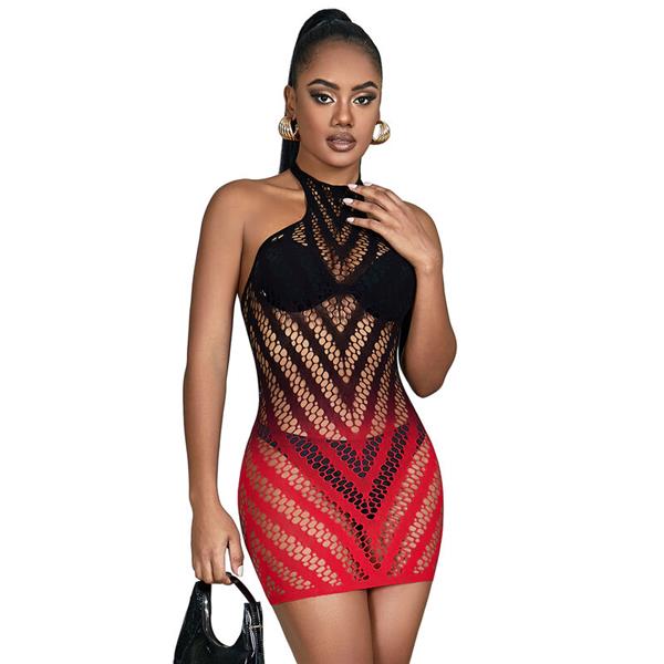 952242 RED AND BLACK DEGRADED ELASTIC FISHNET DRESS ONE SIZE