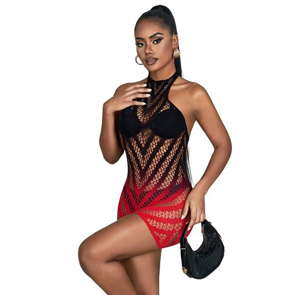 952242 RED AND BLACK DEGRADED ELASTIC FISHNET DRESS ONE SIZE