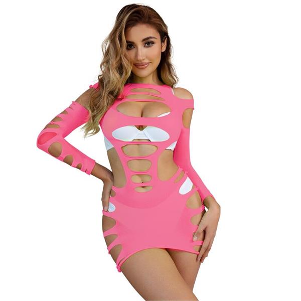 952273 LONG SLEEVE ELASTIC FISHNET DRESS PINK ONE SIZE