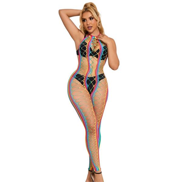 952358 RAINBOW MREŽASTI HALTER NECK BODYSTOCKING XS/M