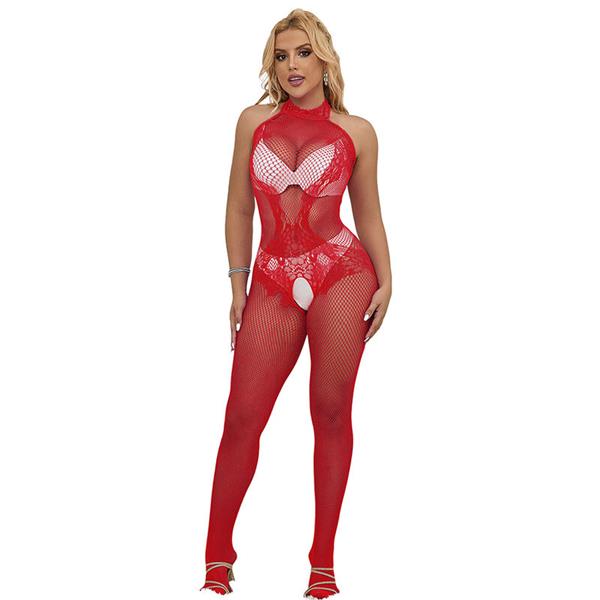 952372 FISHNET AND LACE CROTCHLESS BODYSTOCKING WITH HIGH NECK RED ONE SIZE