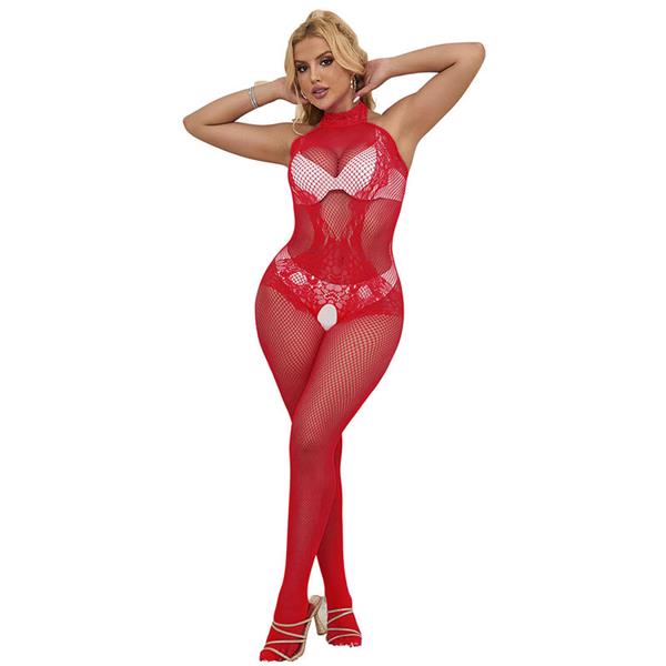 952372 FISHNET AND LACE CROTCHLESS BODYSTOCKING WITH HIGH NECK RED ONE SIZE