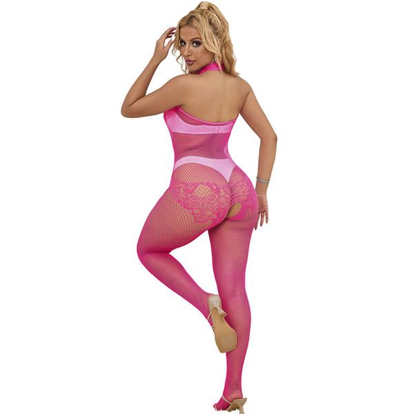 952389 FISHNET AND LACE CROTCHLESS BODYSTOCKING WITH HIGH NECK PINK ONE SIZE