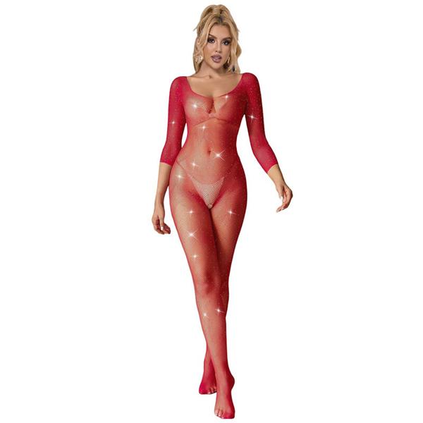 952419 FISHNET BODYSTOCKING WITH DIAMONDS LONG SLEEVE RED XS/M