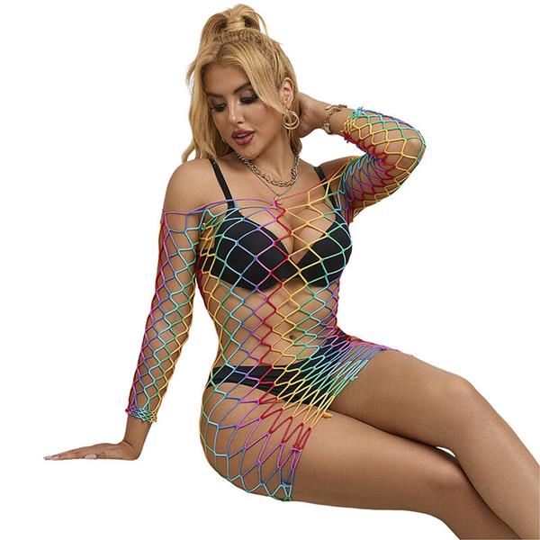 952426 RAINBOW LONG SLEEVE FISHNET DRESS ONE SIZE