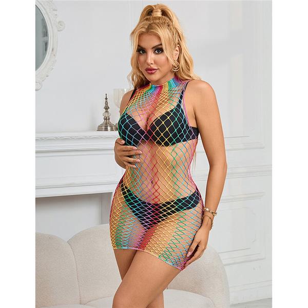952433 RAINBOW HIGH NECK SLEEVELESS FISHNET DRESS ONE SIZE