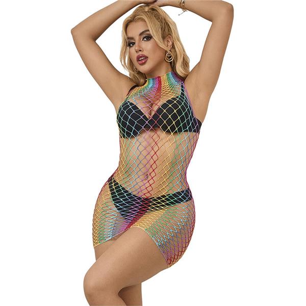 952433 RAINBOW HIGH NECK SLEEVELESS FISHNET DRESS ONE SIZE