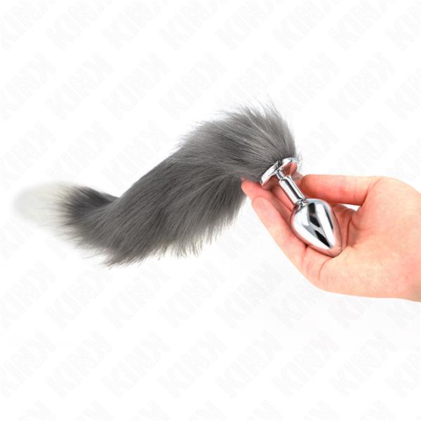 ANAL PLUG VELIČINA M 8 X 3.5 CM S UMJETNIM REPOM 40 CM SIVA I BIJELA