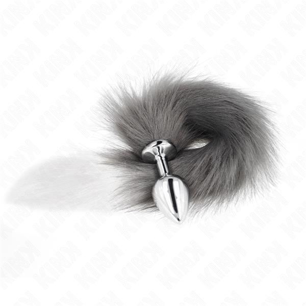 ANAL PLUG VELIČINA M 8 X 3.5 CM S UMJETNIM REPOM 40 CM SIVA I BIJELA