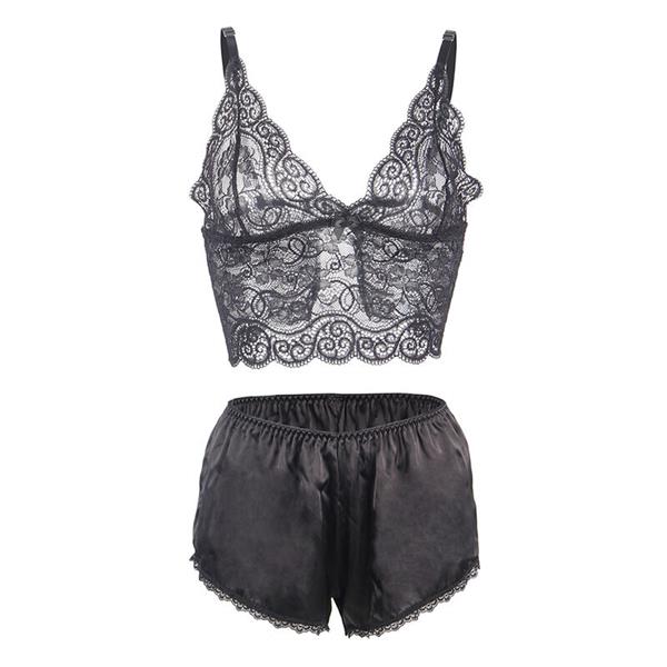 953928 SVILA I ČIPKA NOĆNA HALJINA + GAĆICE CRNA L/XL