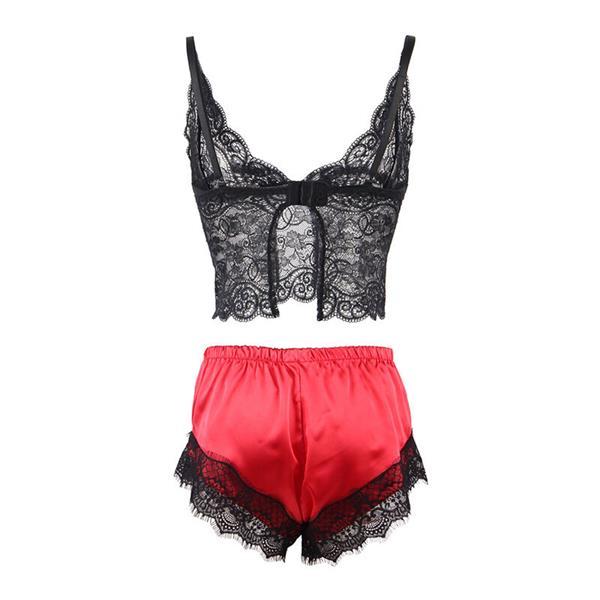 953959 CASUAL SILK NIGHTGOWN + LACE PANTS BLACK/RED S/M