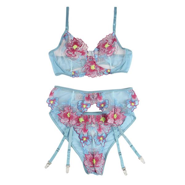 954109 BRA + PANTIES WITH GARTER BELT FLORAL DESIGN BLUE S/M