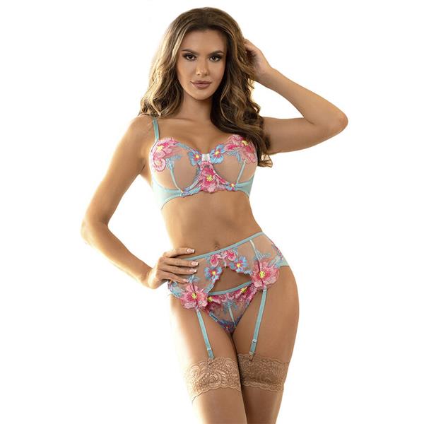 954116 BRA + PANTIES S GARTER BELT CVJETNI DIZAJN PLAVI L/XL