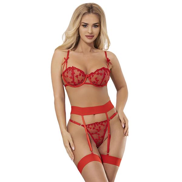 954321 HEART PRINT BRA + THONG + GARTER BELT RED S/M