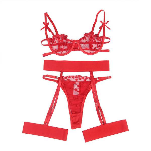 954321 HEART PRINT BRA + THONG + GARTER BELT RED S/M