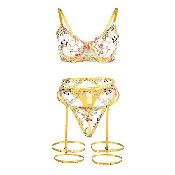 954352 BRA + THONG + GARTER BELT FLORAL DESIGN YELLOW L/XL