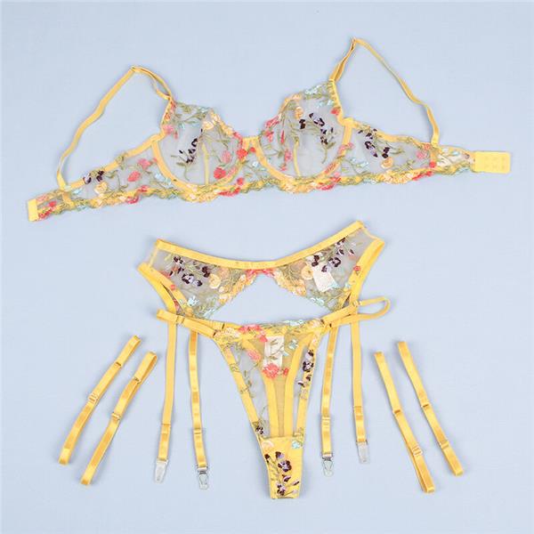954352 BRA + THONG + GARTER BELT FLORAL DESIGN YELLOW L/XL