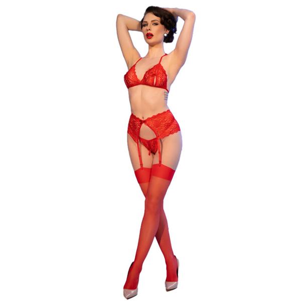 CR 4848 RED LACE BRA + THONG + STOCKINGS SET S