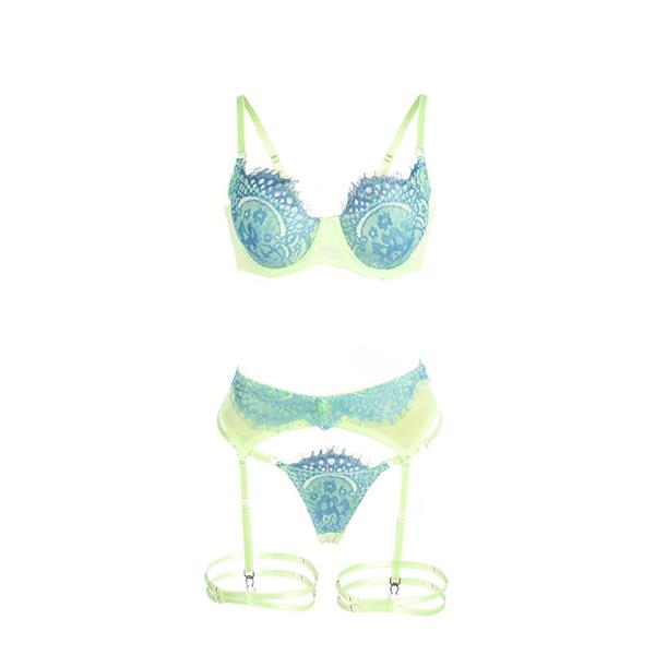 955328 BRA SET WITH LACE AND GARTER LINES GREEN AND BLUE L/XL