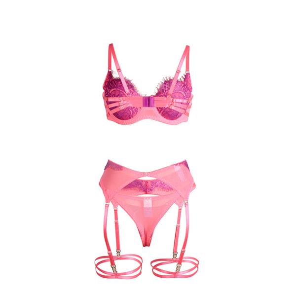 955366 BRA SET WITH LACE AND GARTER LINES PINK AND PURPLE L/XL