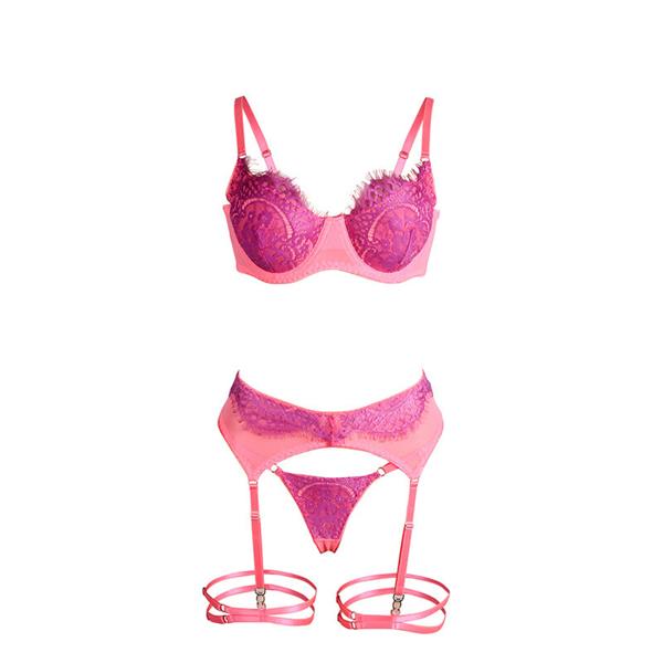 955366 BRA SET WITH LACE AND GARTER LINES PINK AND PURPLE L/XL