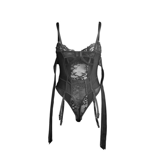 955496 LACE BODYSUIT WITH BOWS AND GARTERS BLACK S/M
