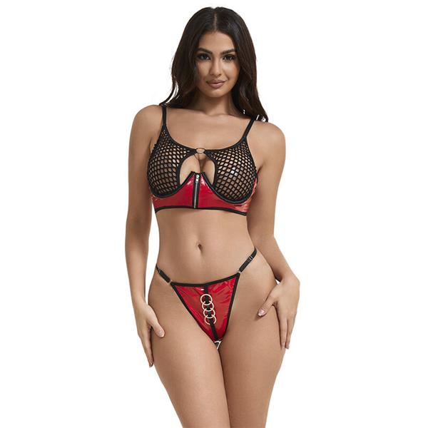 955533 RED PATENT LEATHER MESH ZIPPER BRA SET S/M
